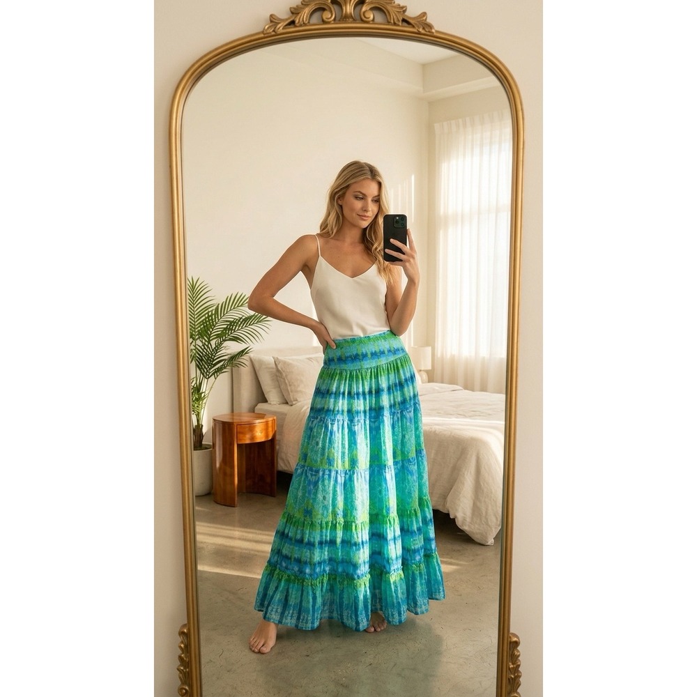 Jones New York Sport Blue Green Tie Dye Tiered Maxi Skirt‎ Womens Size 12
